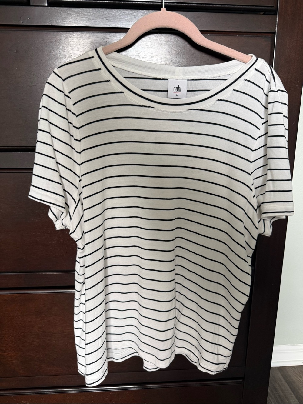 CAbi White Tee with Black Horizontal Stripes